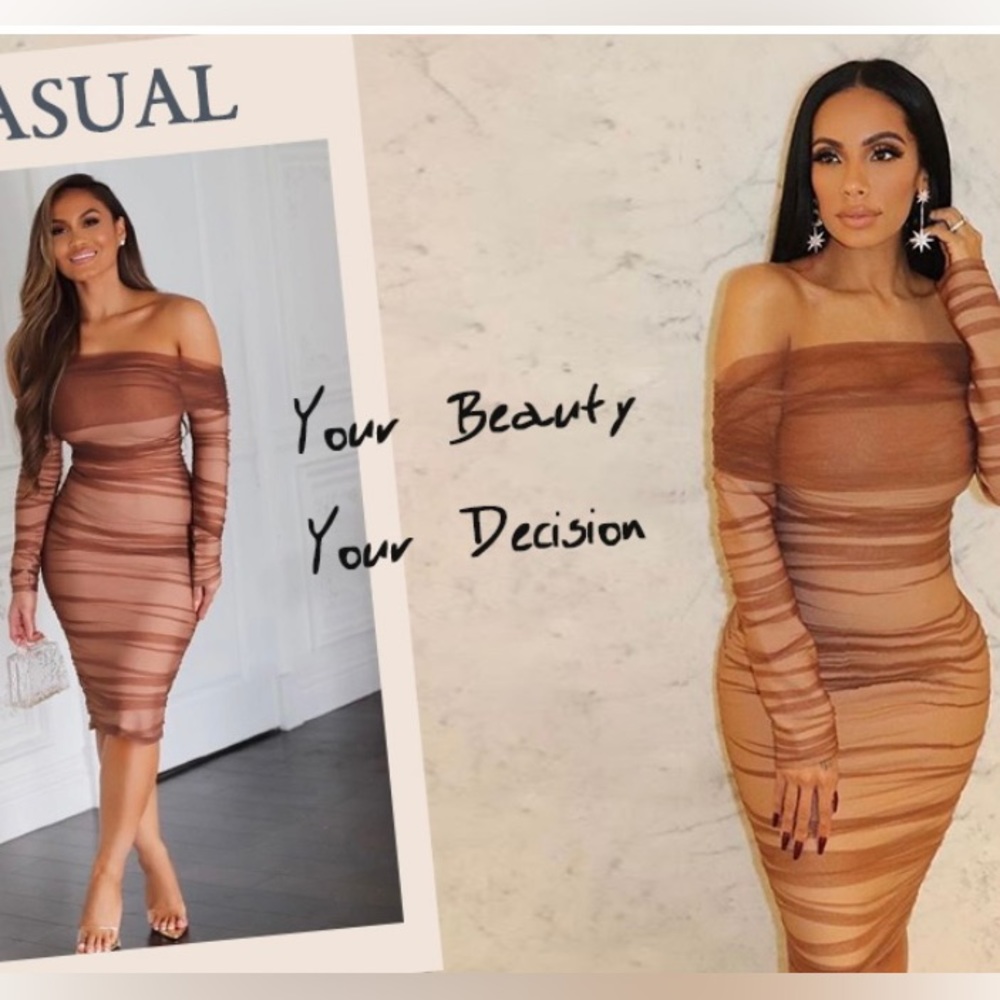 UONBOX Women's Chestnut Tulle Off Shoulder Long Sleeve Ruched Bodycon Dress